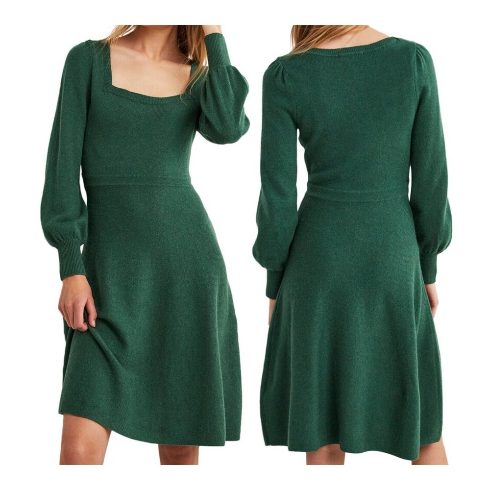 Boden Square Neck Wool & Alpaca Knitted Dress‎ D0358 Size US 8L Green Midi NEW
